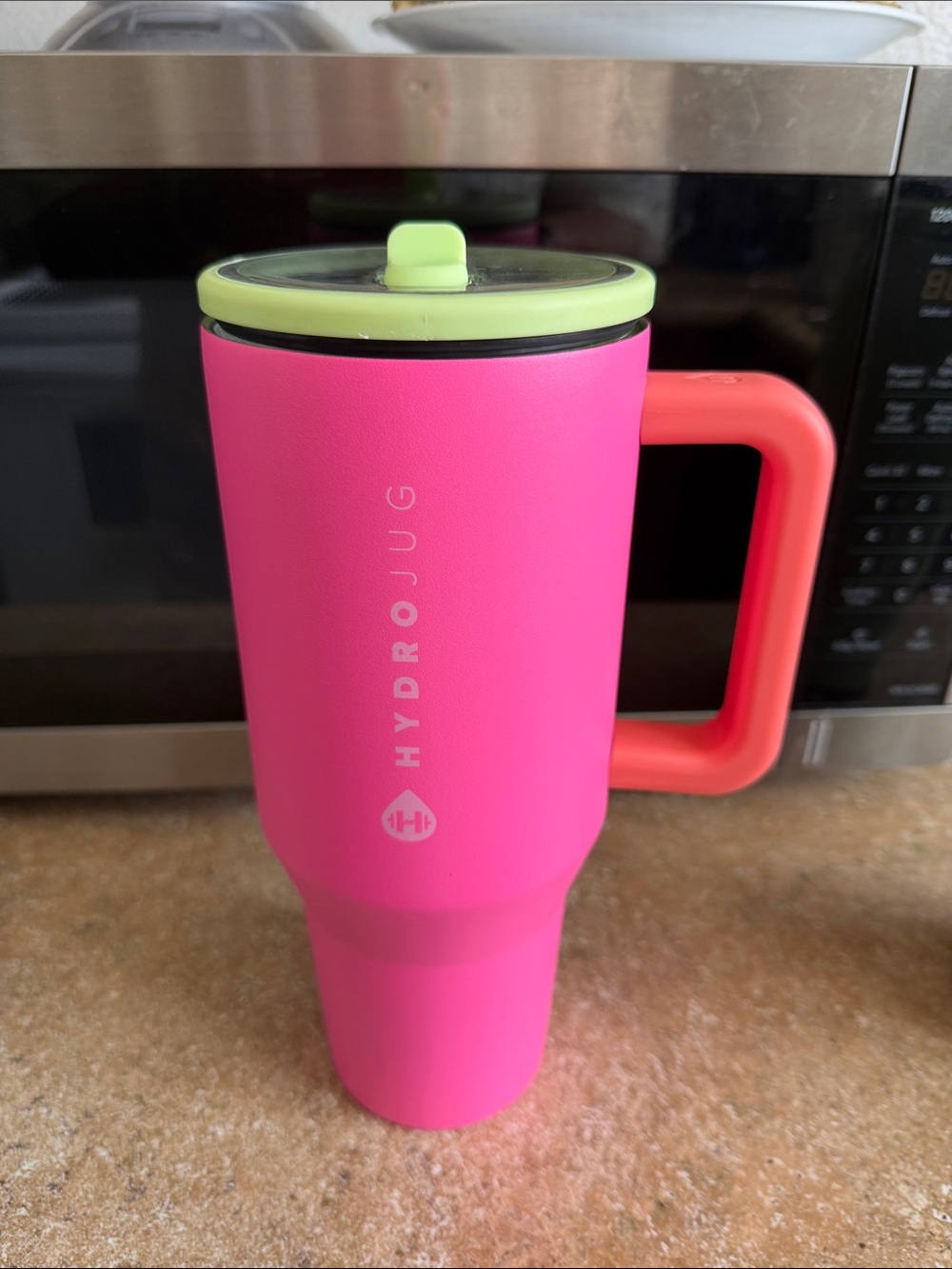 HydroJug Bright Pink Tumbler with Lime Green Lid and Coral Handle